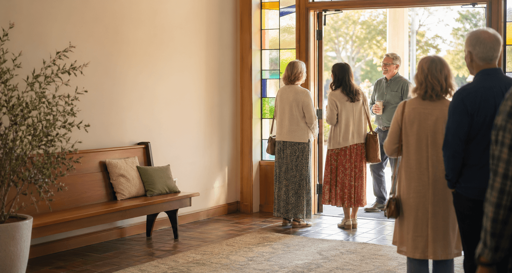 A warm church entryway with people gathering for Sunday worship